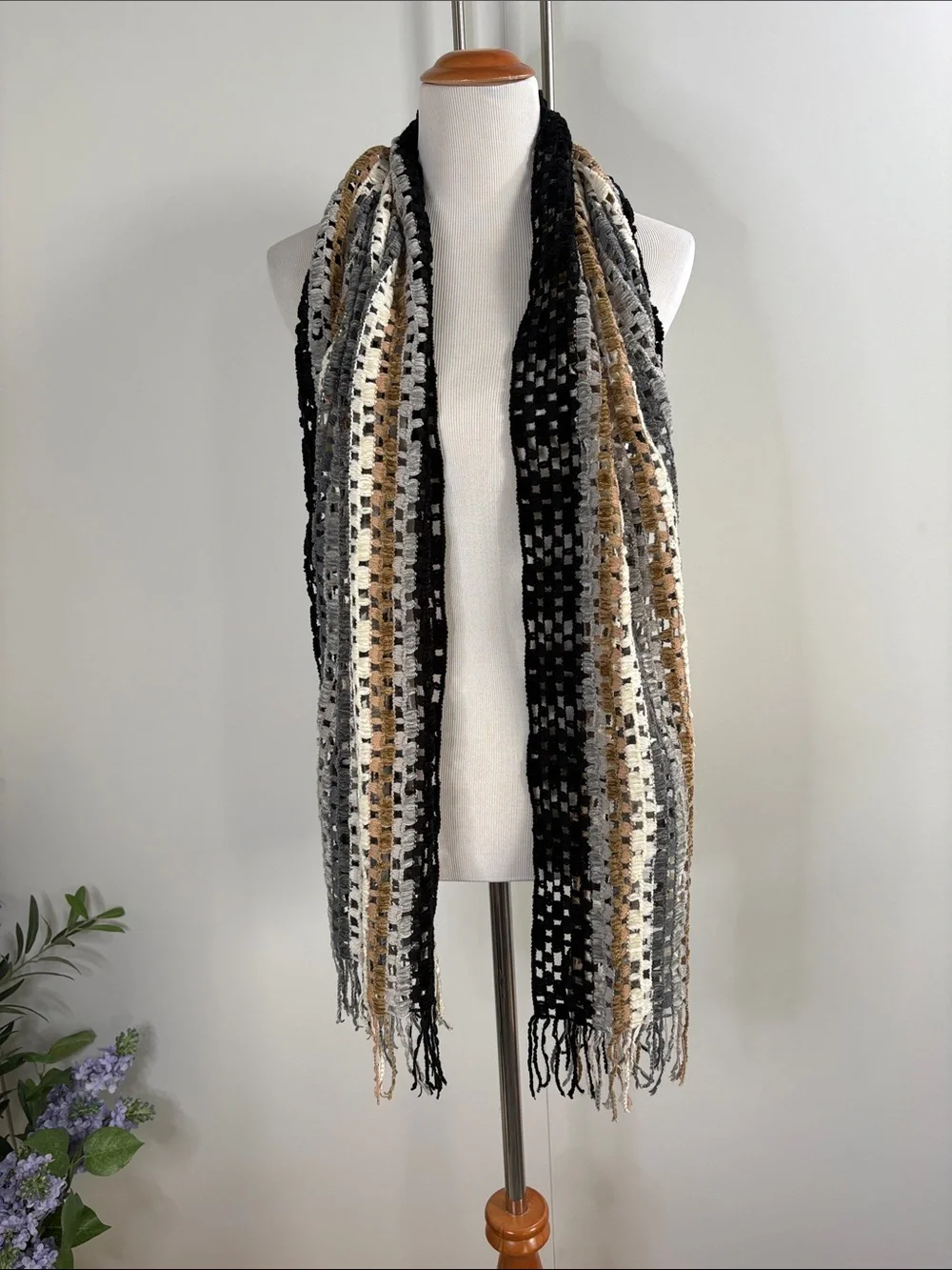 Missoni Black White Gray Gold Striped Fringe Knit Scarf Wrap